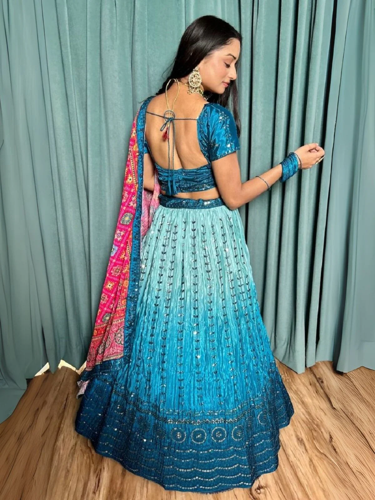 Odette Blue Chinon Silk Embroidered Semi-Stitched Lehenga For Women - Image 2