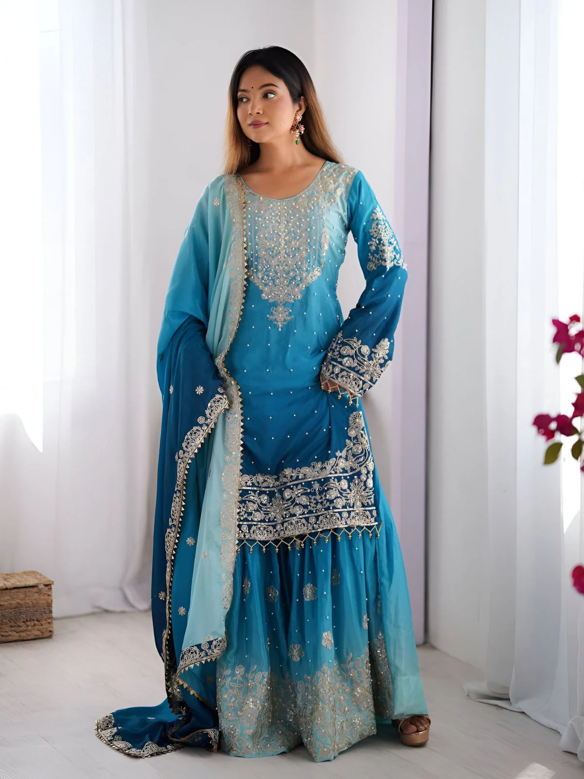 Odette Blue Chinon Silk Embroidery & Sequins Kurta Set For Women - Image 2