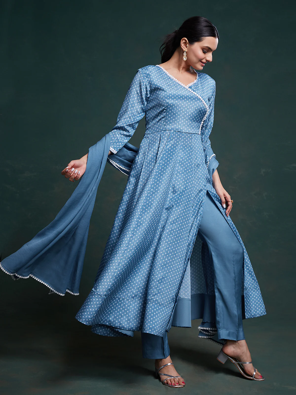 Odette Blue Chinon Silk Printed Stitched Salwar Suit Set For Women - Image 3
