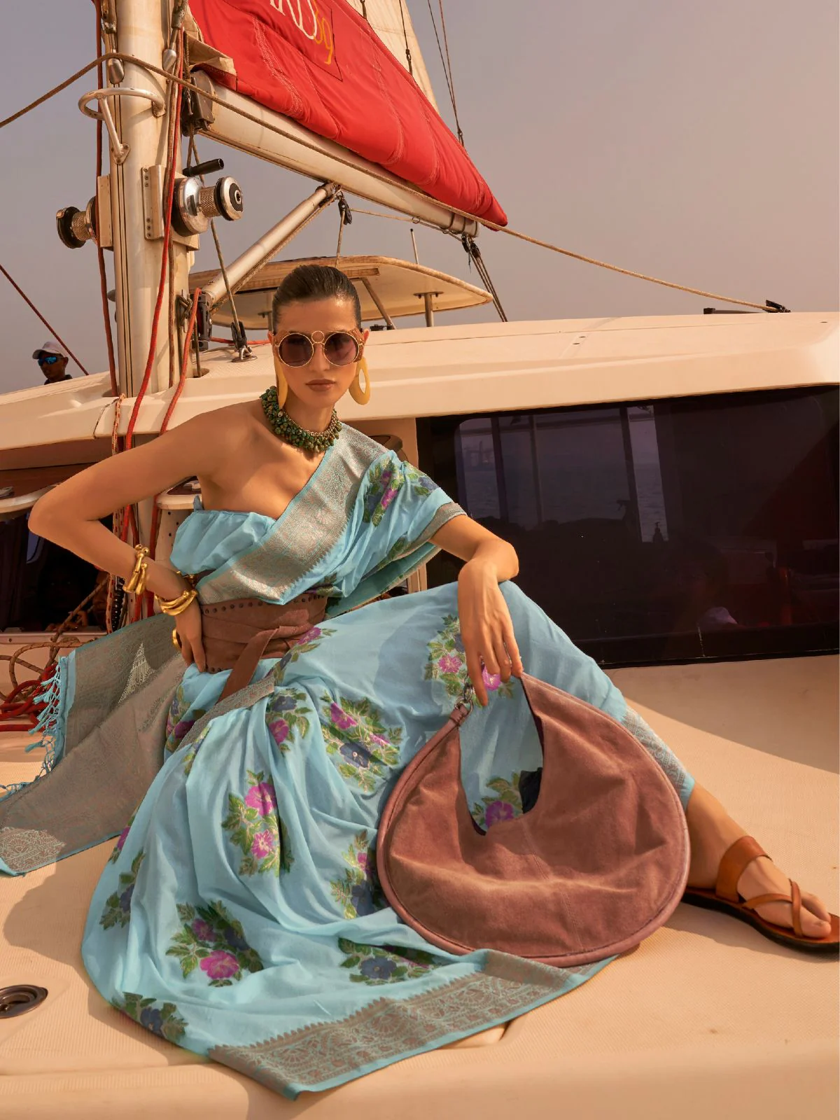 Odette Blue Chinon Woven Saree With Unstitched Blouse for Women - Image 2