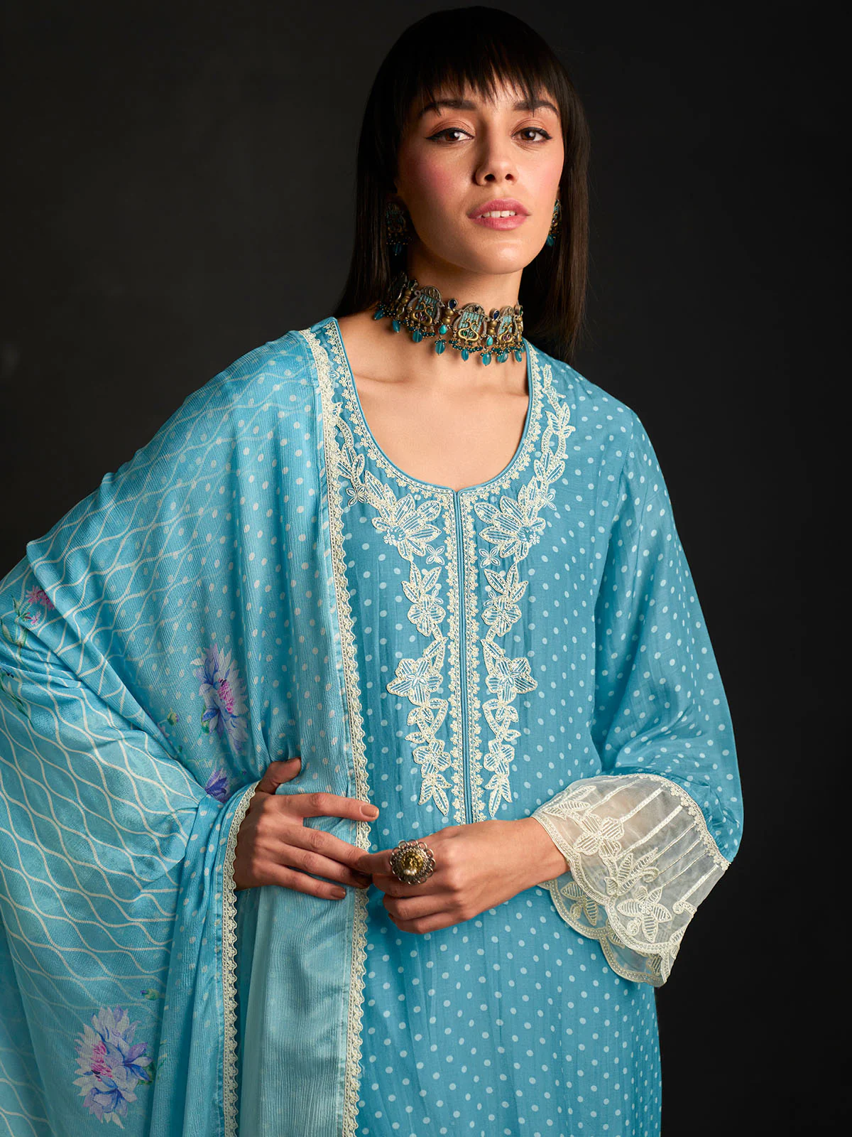 Odette Blue Cotton Blend  Embroidered Semi-Stitched Kurta Set For Women - Image 3