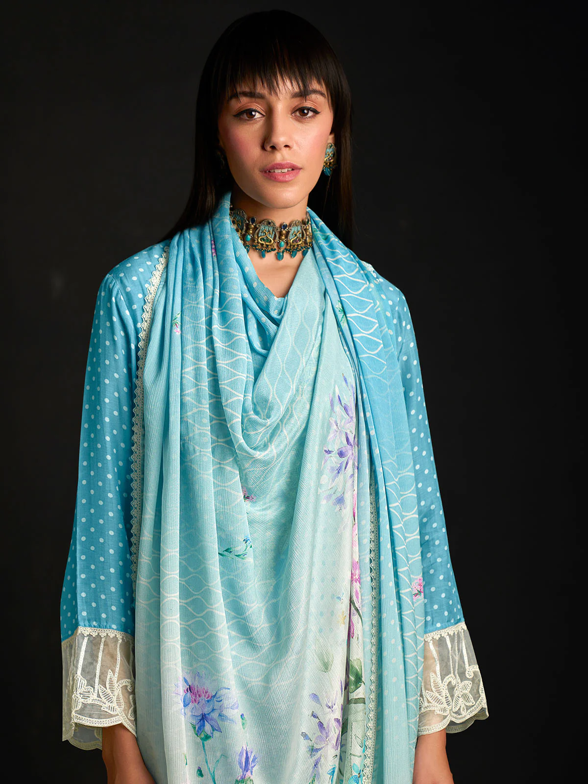 Odette Blue Cotton Blend  Embroidered Semi-Stitched Kurta Set For Women - Image 4