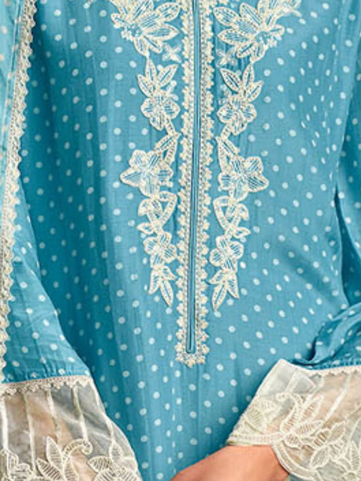 Odette Blue Cotton Blend  Embroidered Semi-Stitched Kurta Set For Women - Image 5
