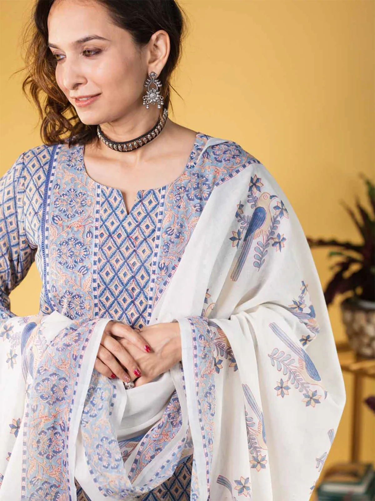Odette Blue Cotton Blend Printed Straight Kurta Set For Women - Image 4