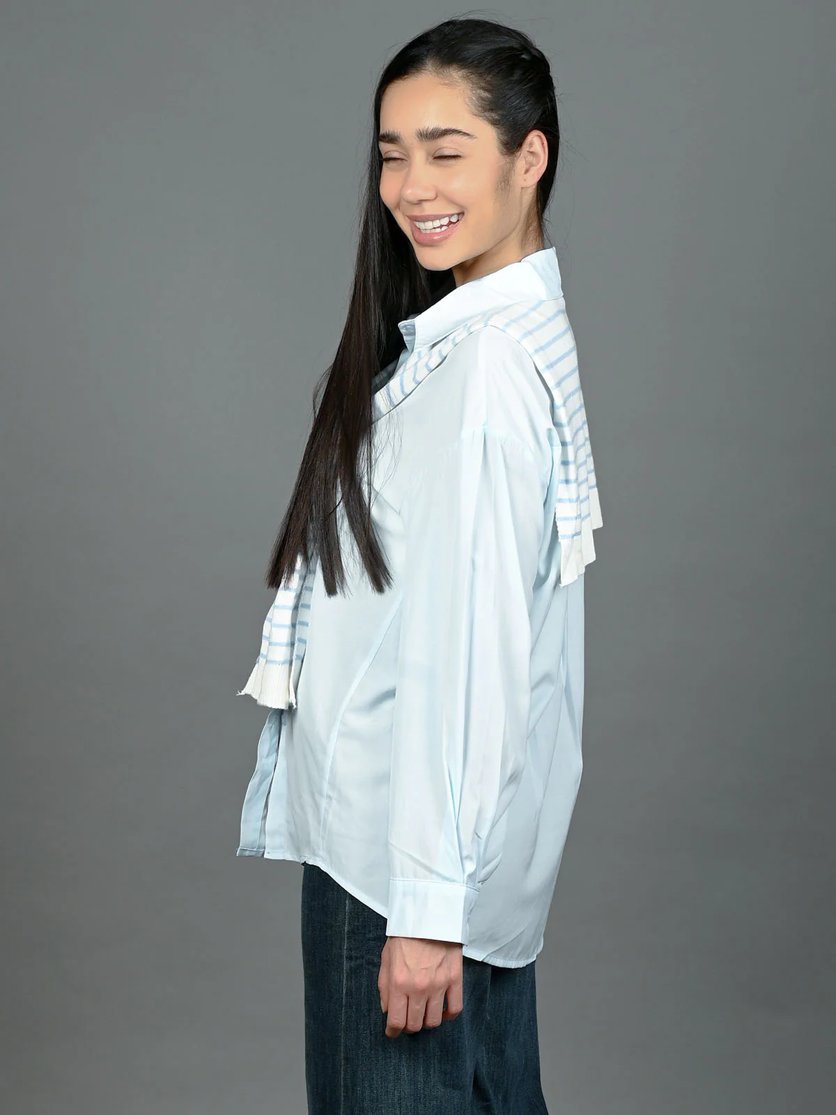 Odette Blue Cotton Blend Solid Shirt With Scarf For Women - Image 3