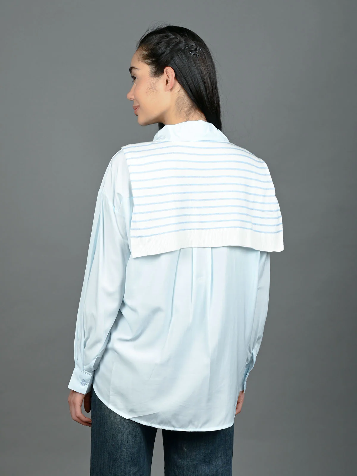 Odette Blue Cotton Blend Solid Shirt With Scarf For Women - Image 4
