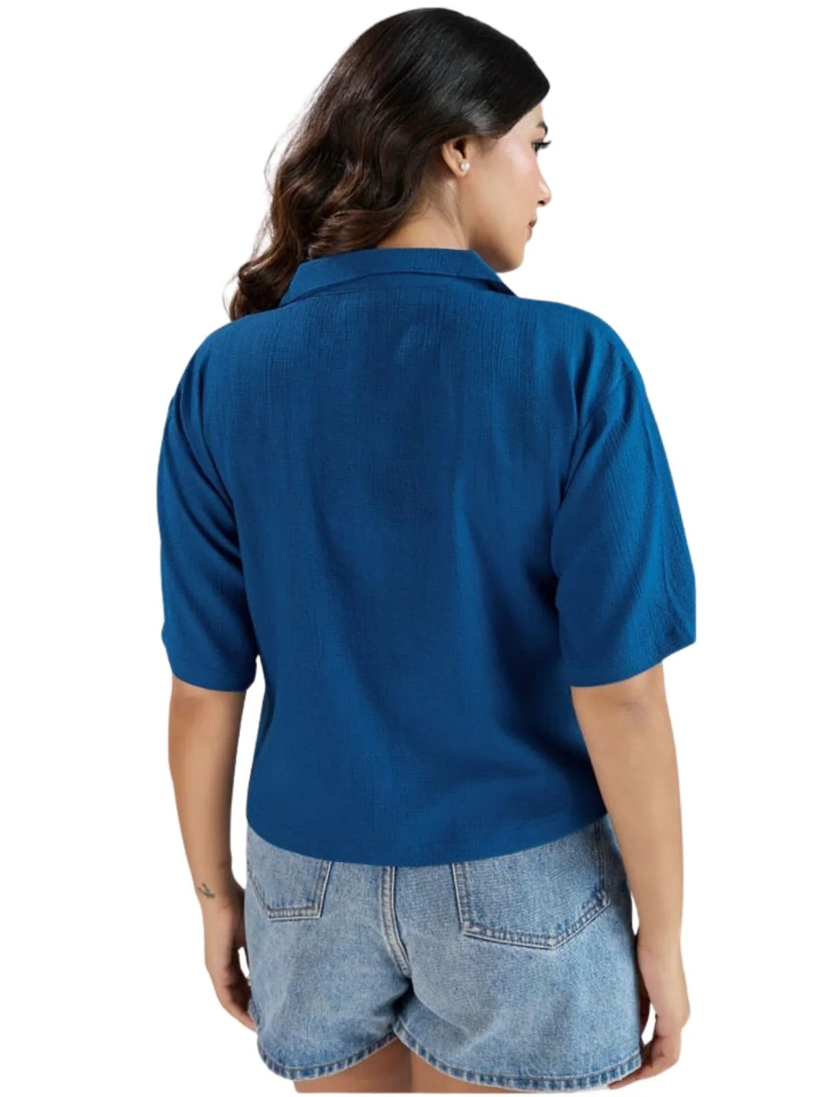 Odette Blue Cotton Blend Solid Shirt For Women - Image 3