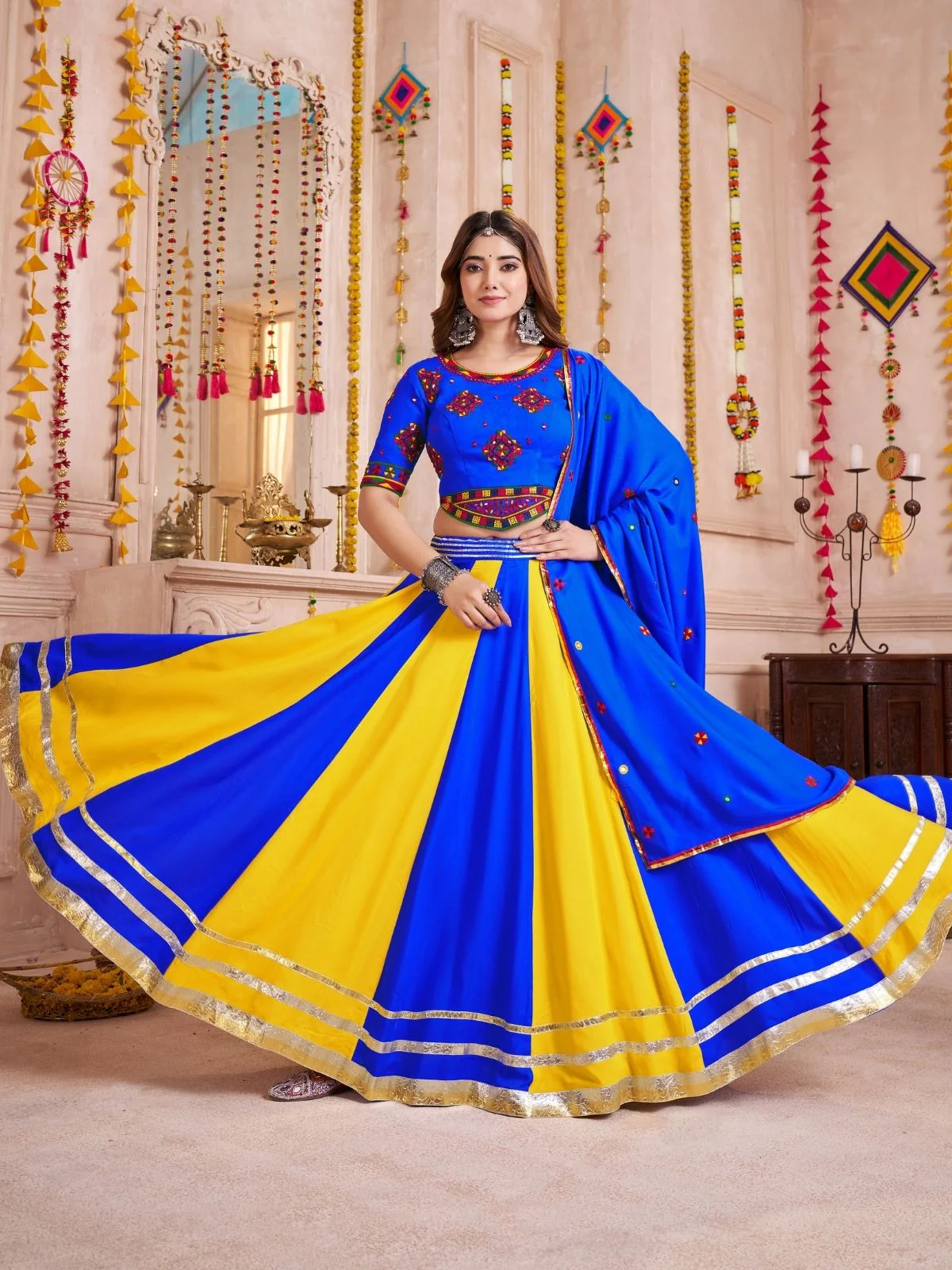 Odette Blue Cotton Blend Solid With Golden Border Semi-Stitched Lehenga For Women - Image 3