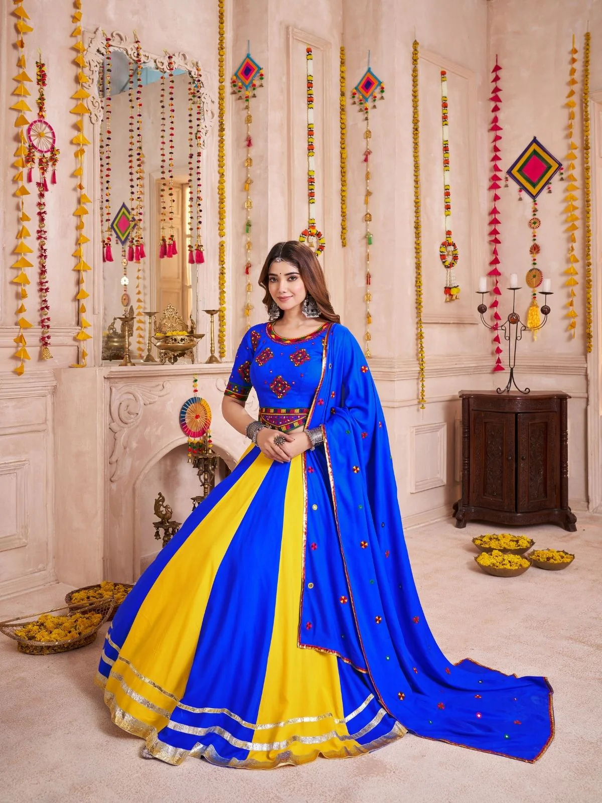 Odette Blue Cotton Blend Solid With Golden Border Semi-Stitched Lehenga For Women - Image 4