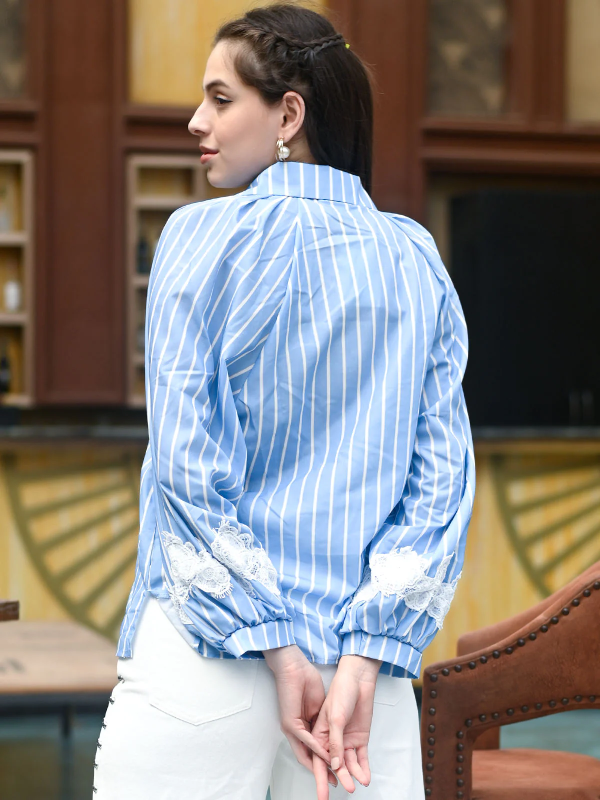 Odette Blue Cotton Blend Striped Top For Women - Image 4