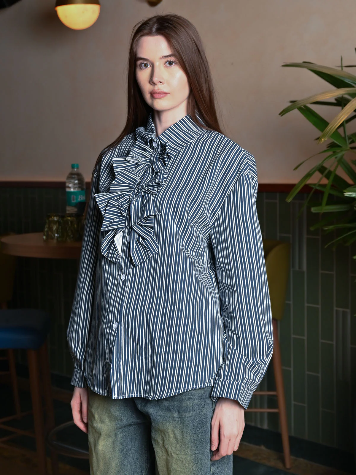 Odette Blue Cotton Blend Striped Top For Women - Image 2