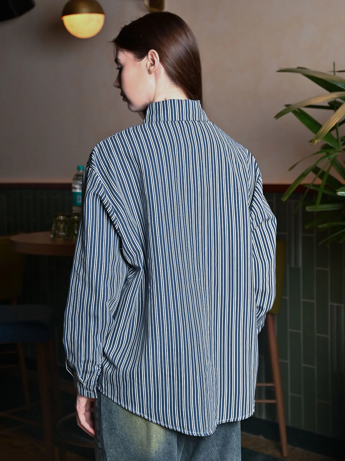 Odette Blue Cotton Blend Striped Top For Women - Image 3