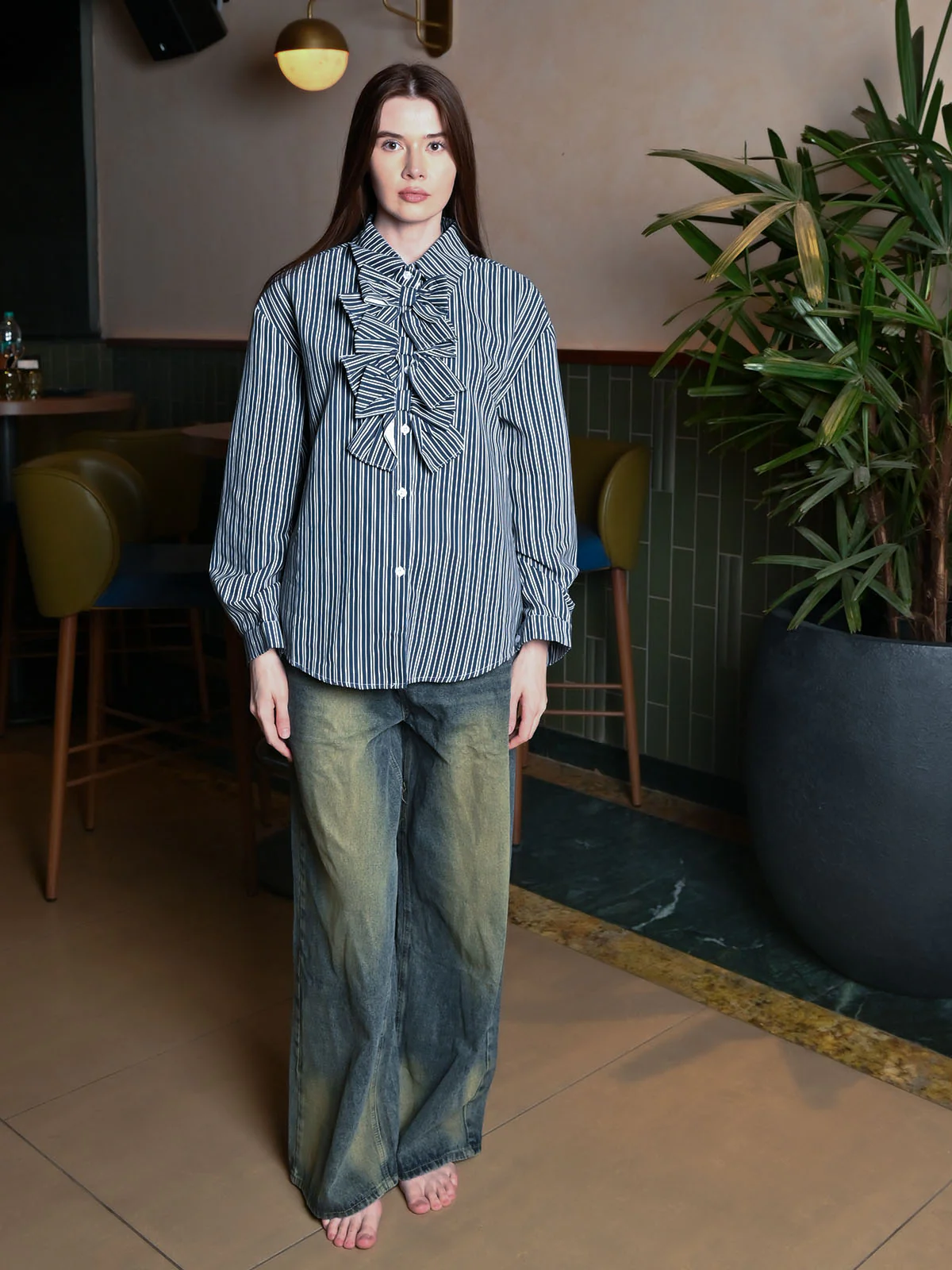 Odette Blue Cotton Blend Striped Top For Women - Image 5