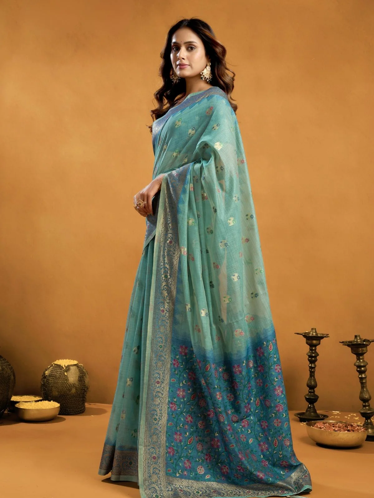 Odette Blue Cotton Blend Woven Saree For Women - Image 2