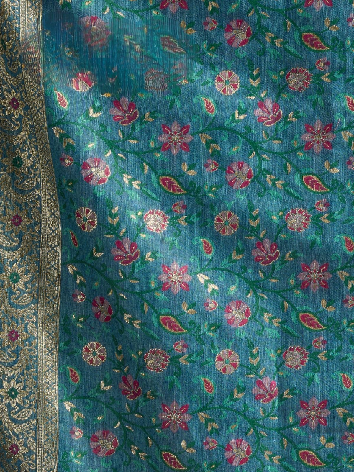 Odette Blue Cotton Blend Woven Saree For Women - Image 5