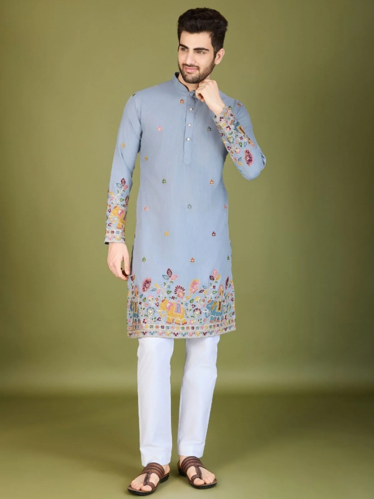 Odette Blue Cotton Embroidered Stitched Kurta For Men - Image 2