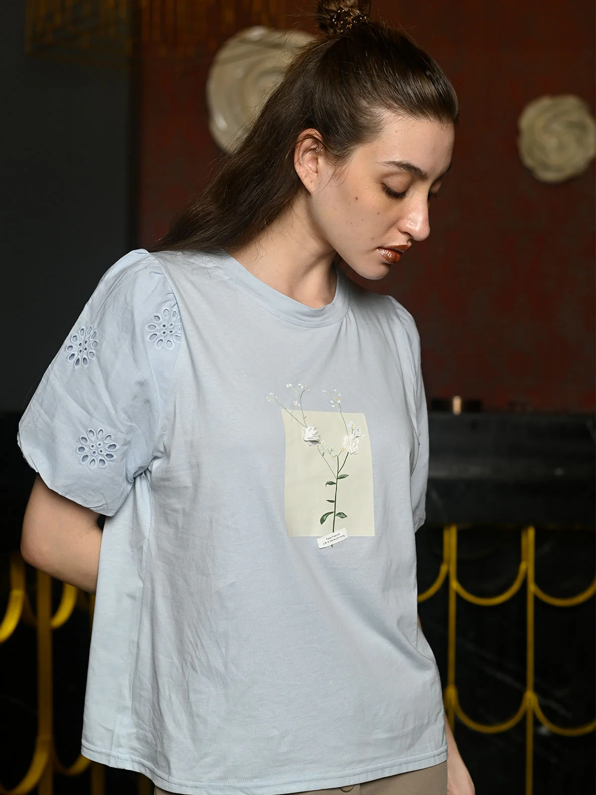 Odette Blue Cotton Jersey Embellished Top For Women - Image 4