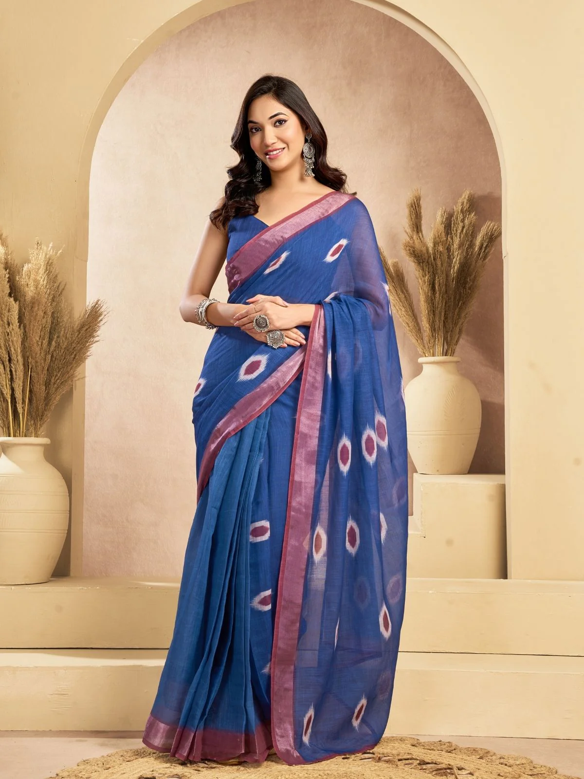 Odette Blue Cotton Linen Solid Saree For Women - Image 2