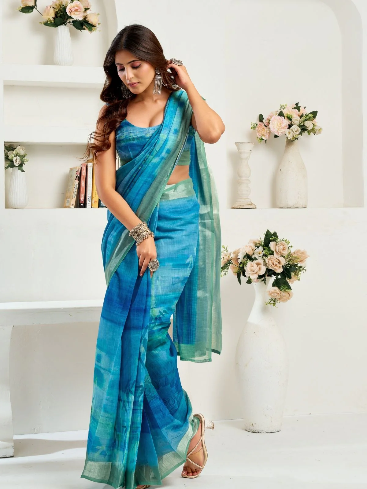 Odette Blue Cotton Linen Zari Work Saree For Women - Image 2