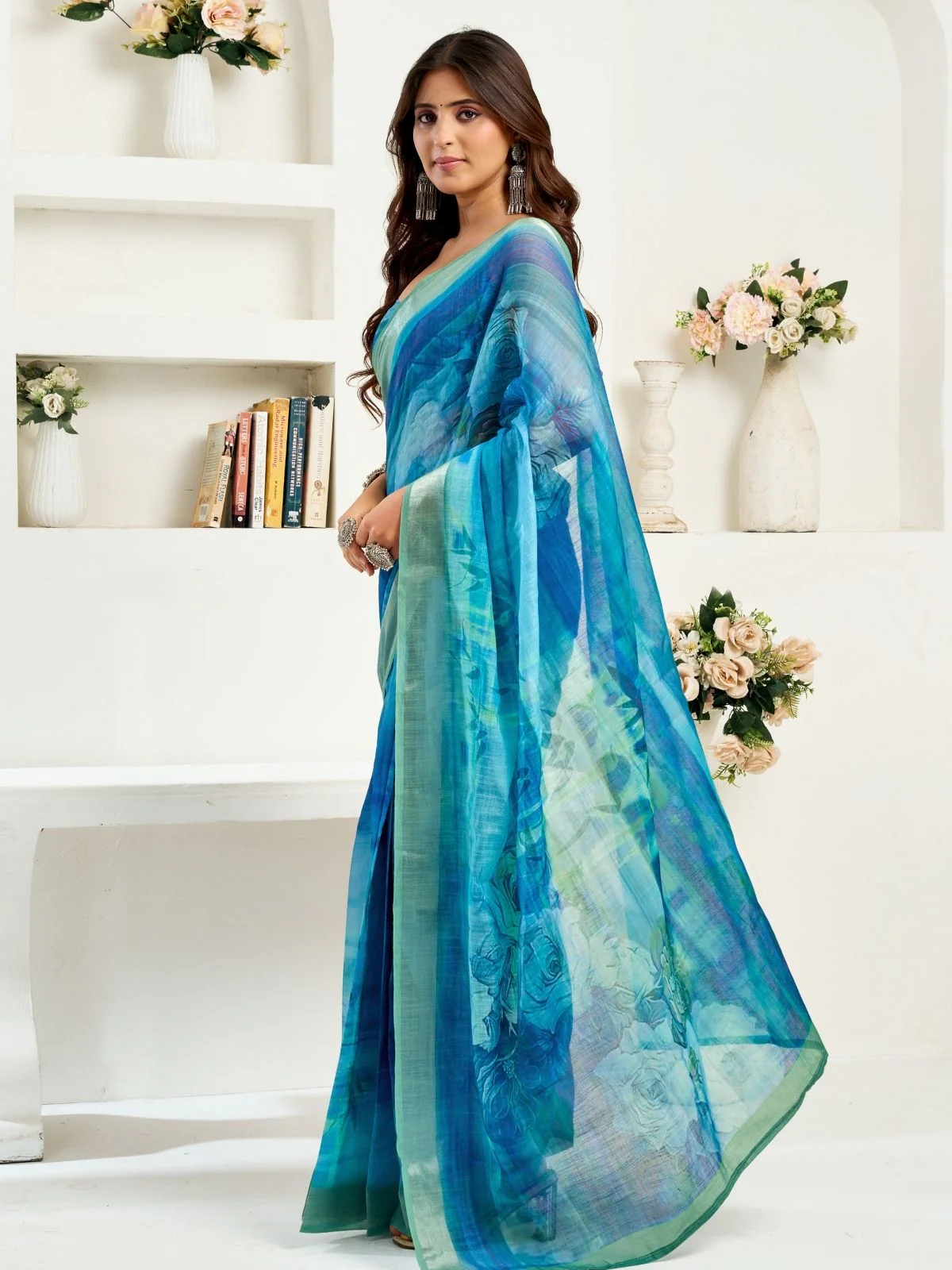 Odette Blue Cotton Linen Zari Work Saree For Women - Image 3