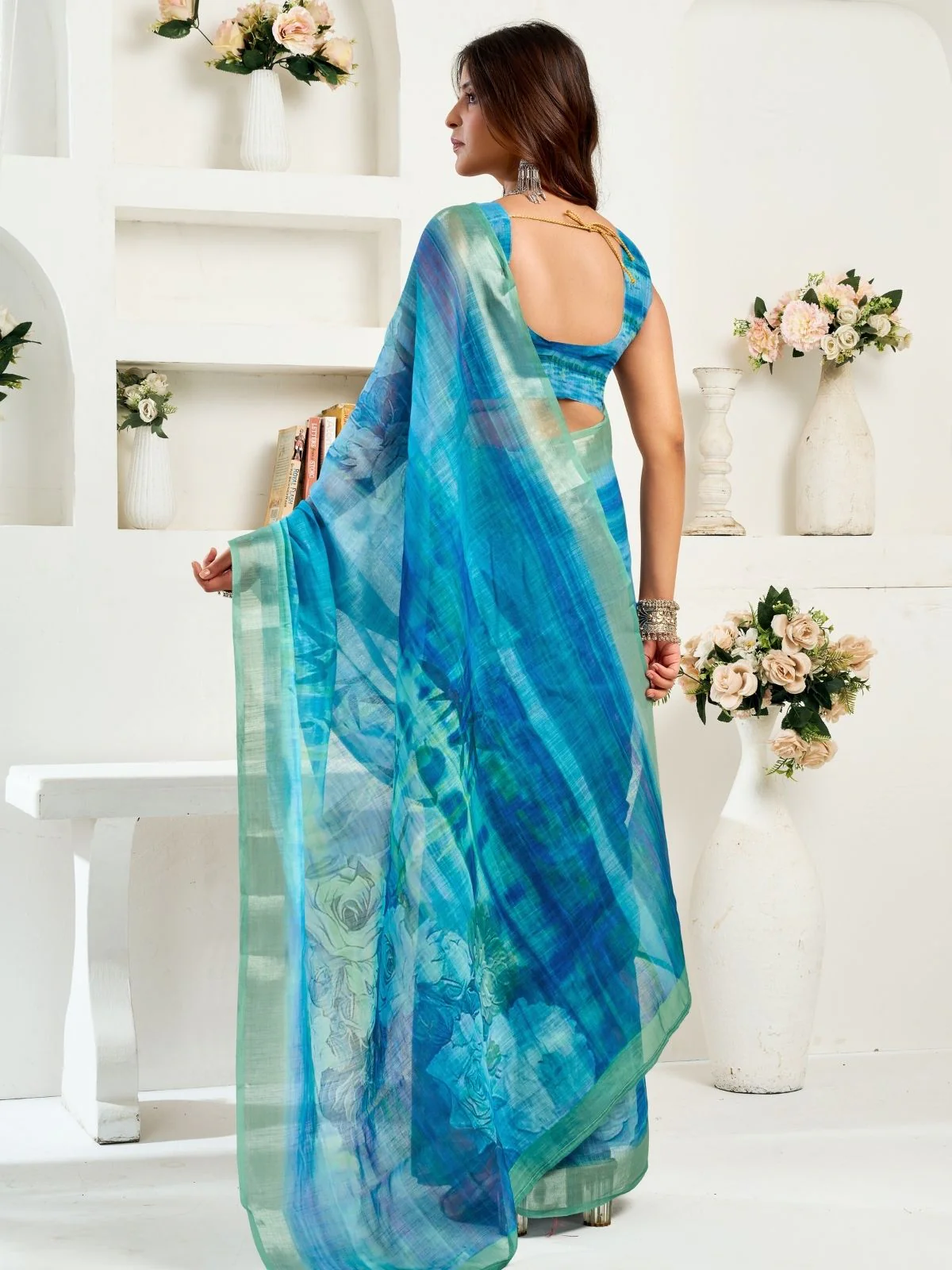 Odette Blue Cotton Linen Zari Work Saree For Women - Image 4