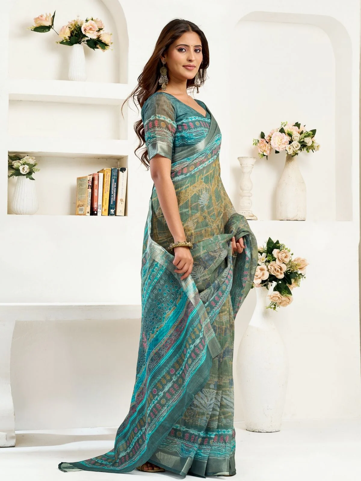 Odette Blue Cotton Linen Zari Work Saree For Women - Image 2