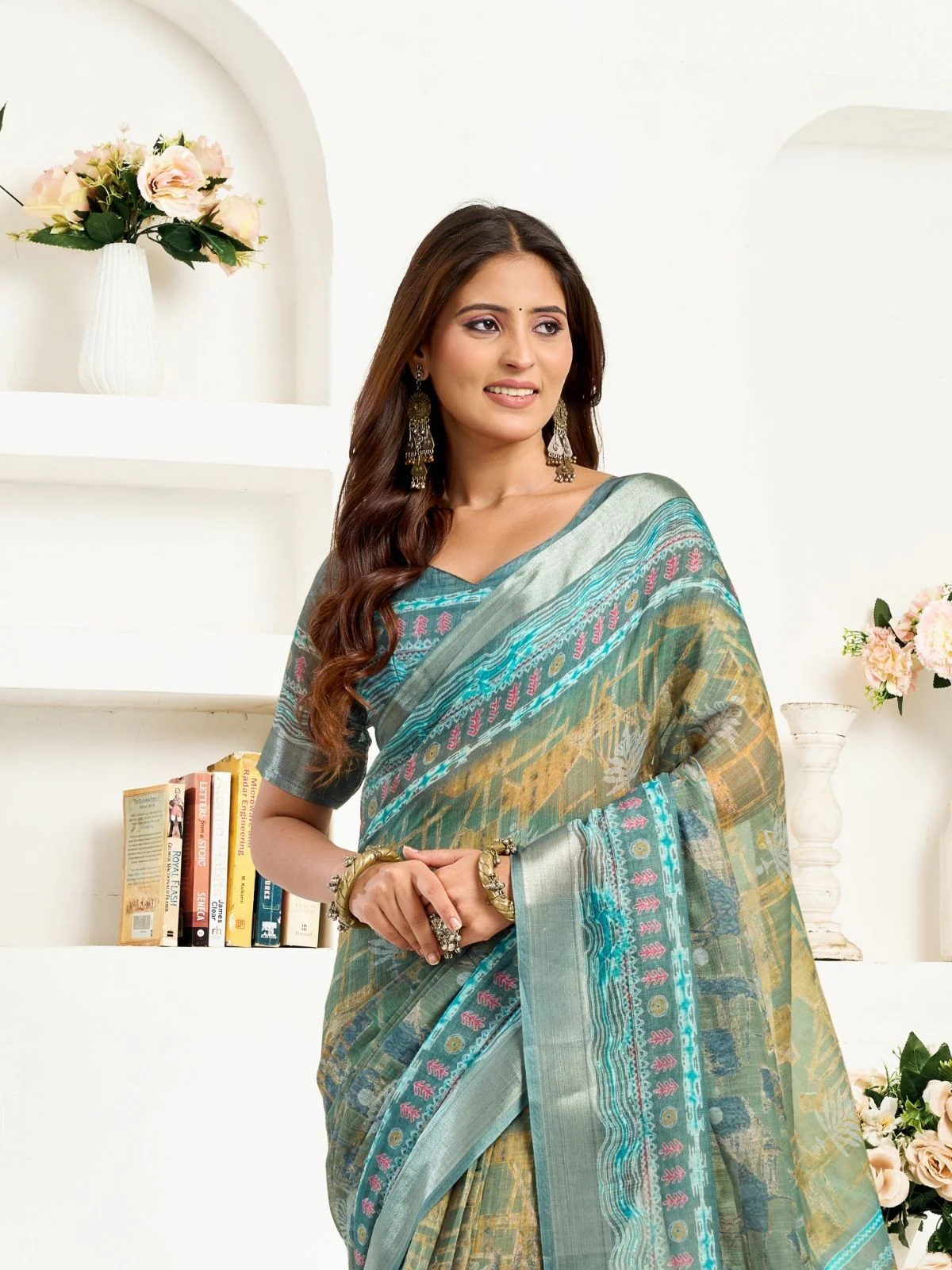 Odette Blue Cotton Linen Zari Work Saree For Women - Image 5
