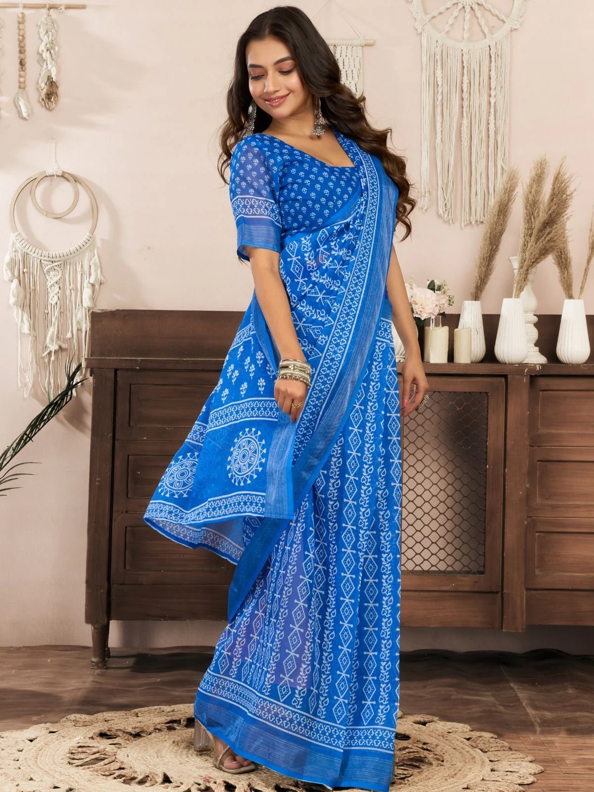 Odette Blue Cotton Linen Zari Work Saree For Women - Image 2
