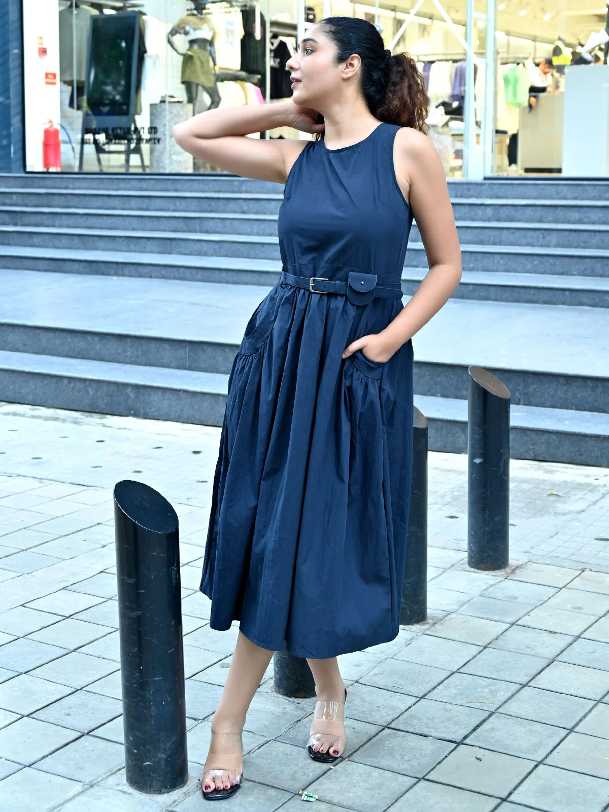 Odette Blue Cotton Poplin Solid Dress For Women - Image 2