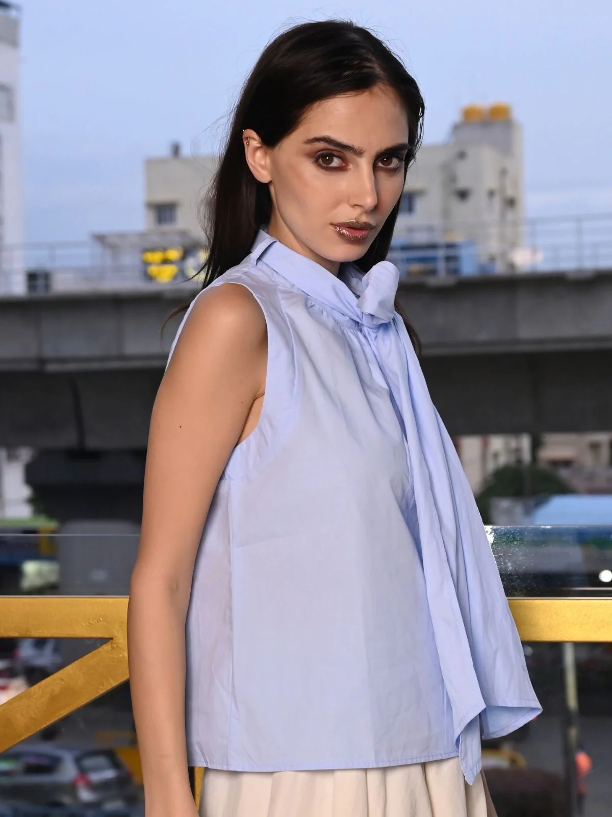 Odette Blue Cotton Poplin Solid Top For Women - Image 3