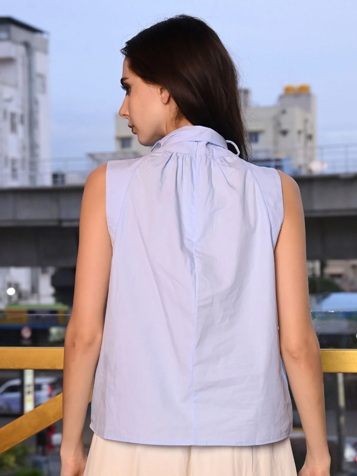 Odette Blue Cotton Poplin Solid Top For Women - Image 4