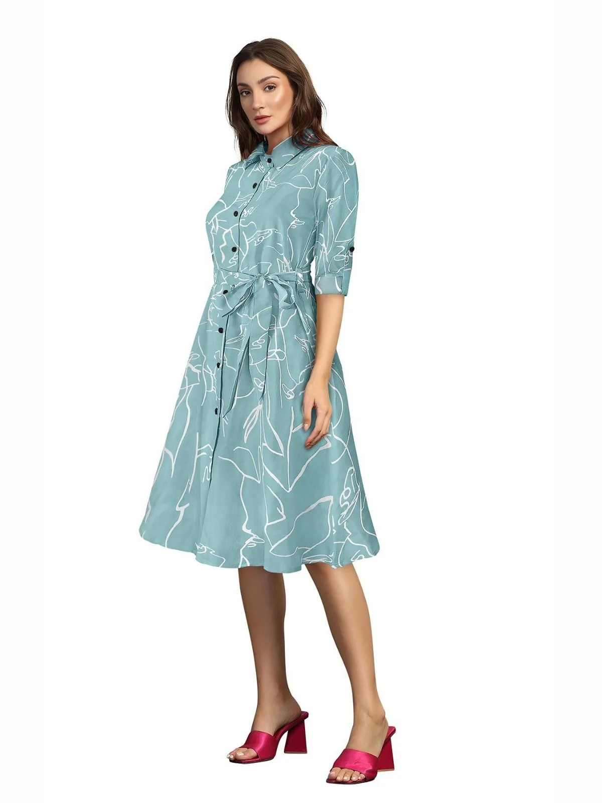 Odette Blue Cotton Printed Dress For Women - Image 3