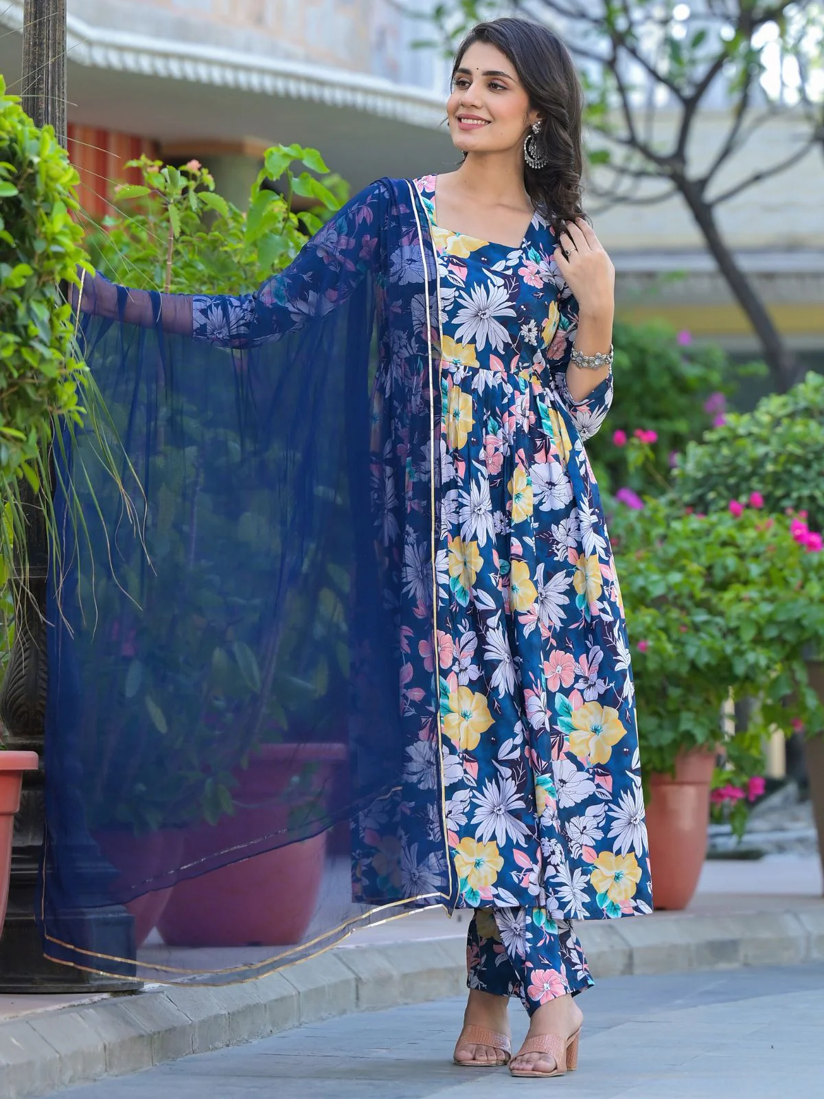 Odette Blue Cotton Printed Stitched Kurta Set For Women - Image 2