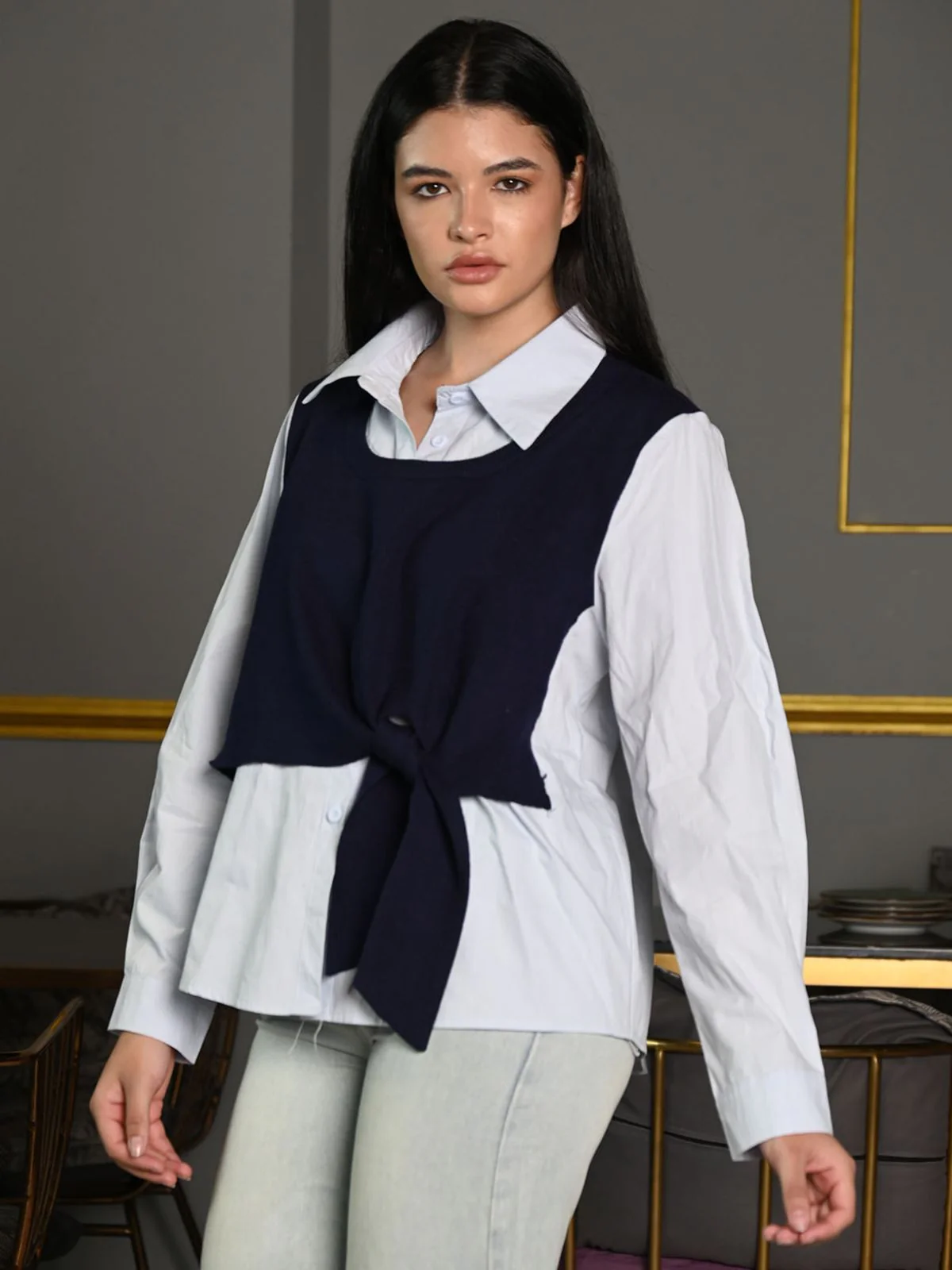 Odette Blue Cotton Rib Outer Solid Tie Up Top For Women - Image 2