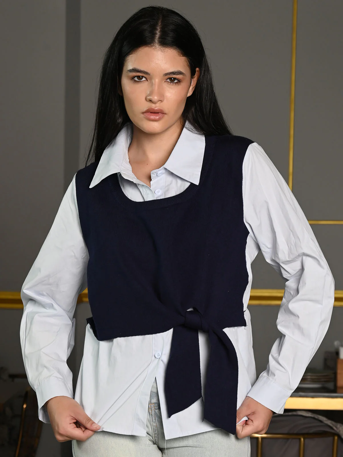 Odette Blue Cotton Rib Outer Solid Tie Up Top For Women - Image 3