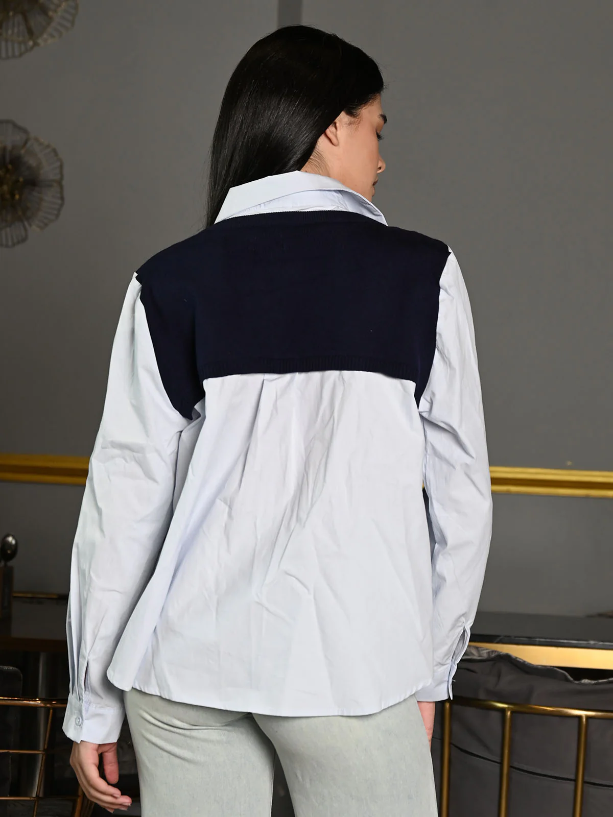Odette Blue Cotton Rib Outer Solid Tie Up Top For Women - Image 4
