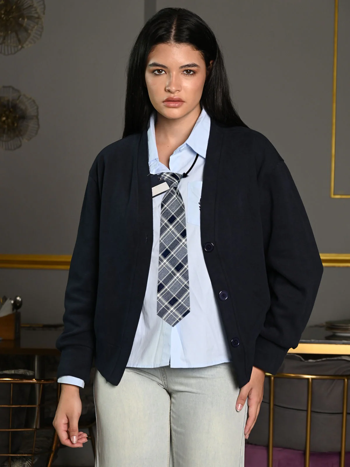 Odette Blue Cotton Shirt With Jersey Coat Top For Women - Image 2