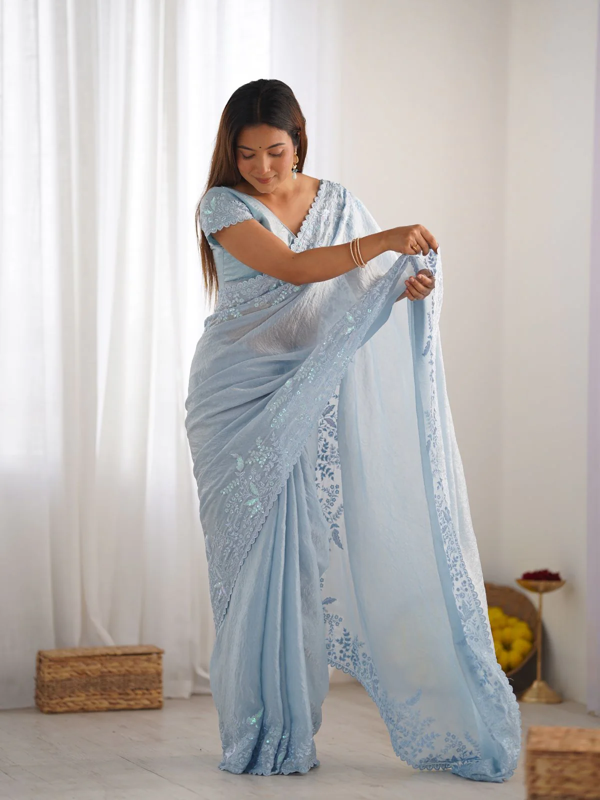 Odette Blue Crushed Tissue Embroidered Saree With Unstitched Blouse For Women - Image 2