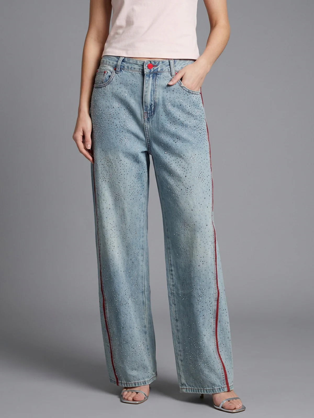 Odette Blue Denim Embellished Jeans For Women - Image 4