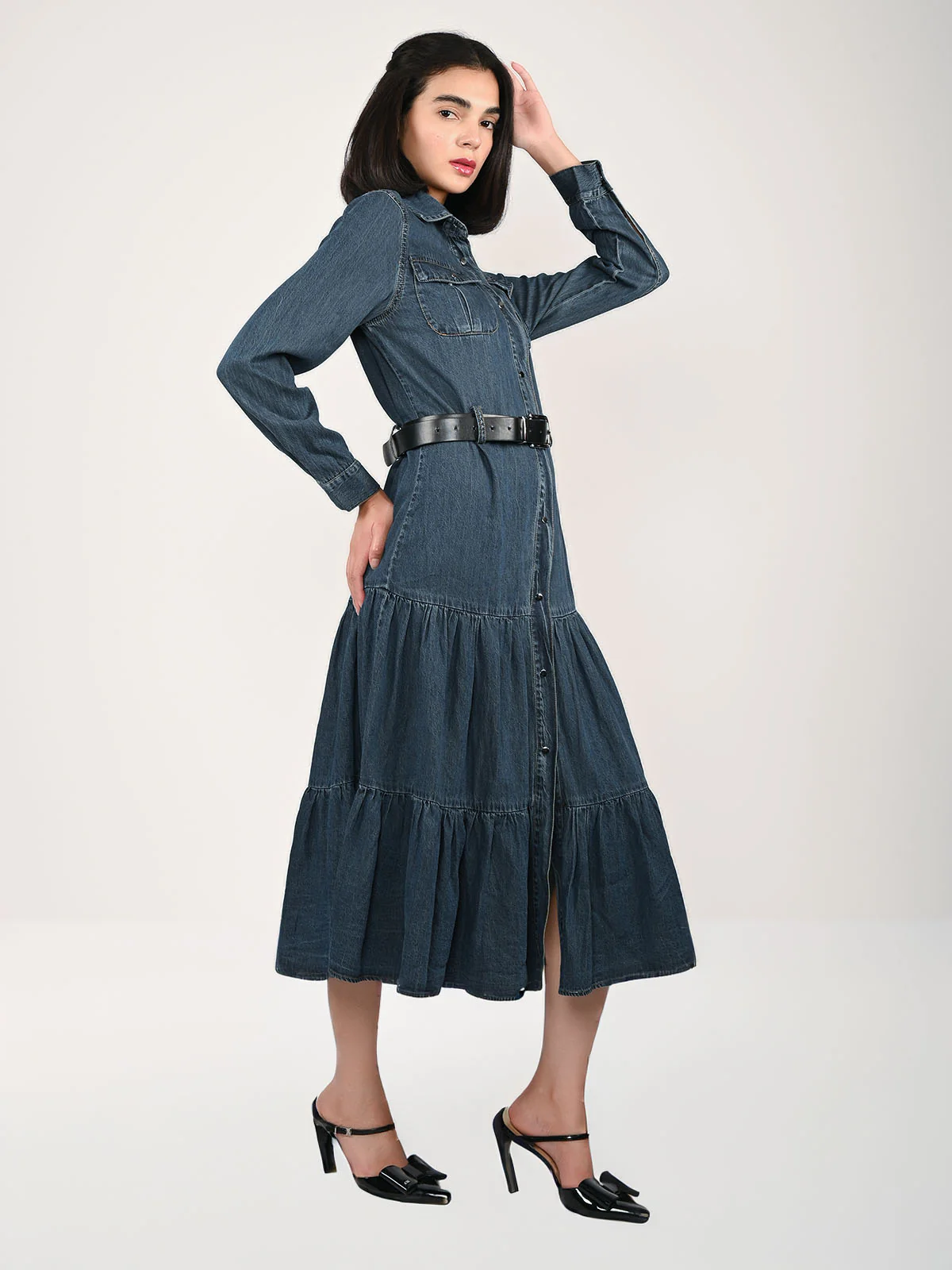 Odette Blue Denim Solid Dress For Women - Image 3