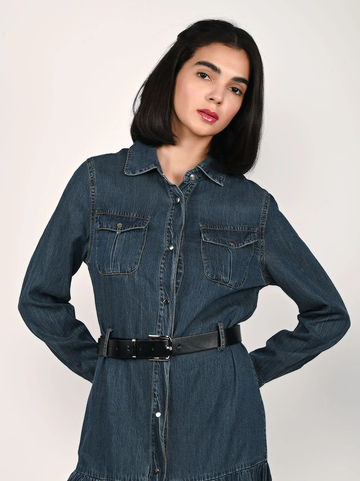 Odette Blue Denim Solid Dress For Women - Image 5