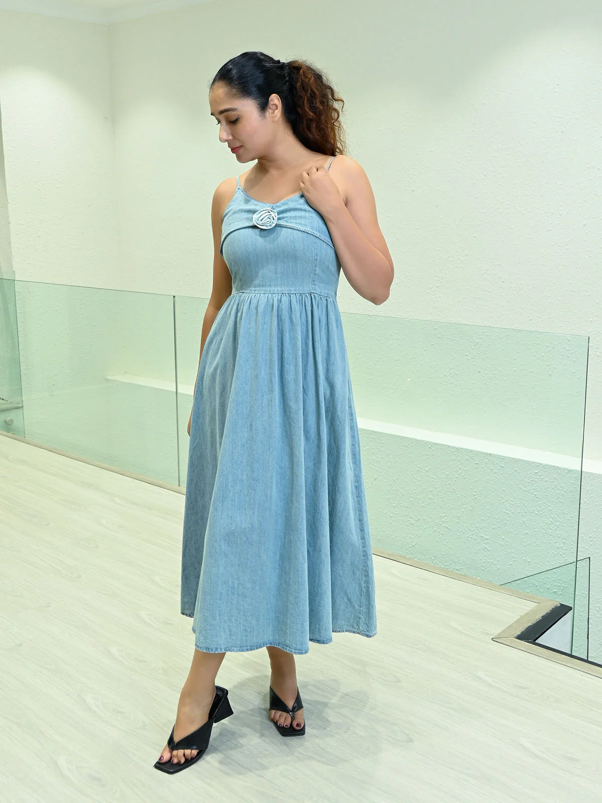Odette Blue Denim Solid Dress For Women - Image 2