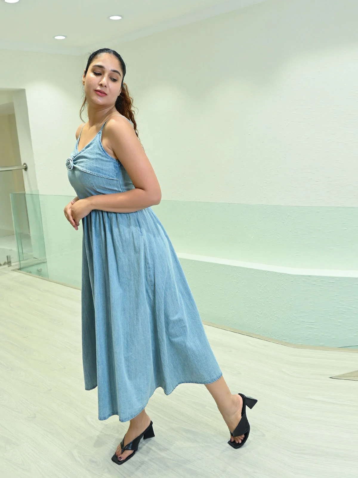 Odette Blue Denim Solid Dress For Women - Image 3