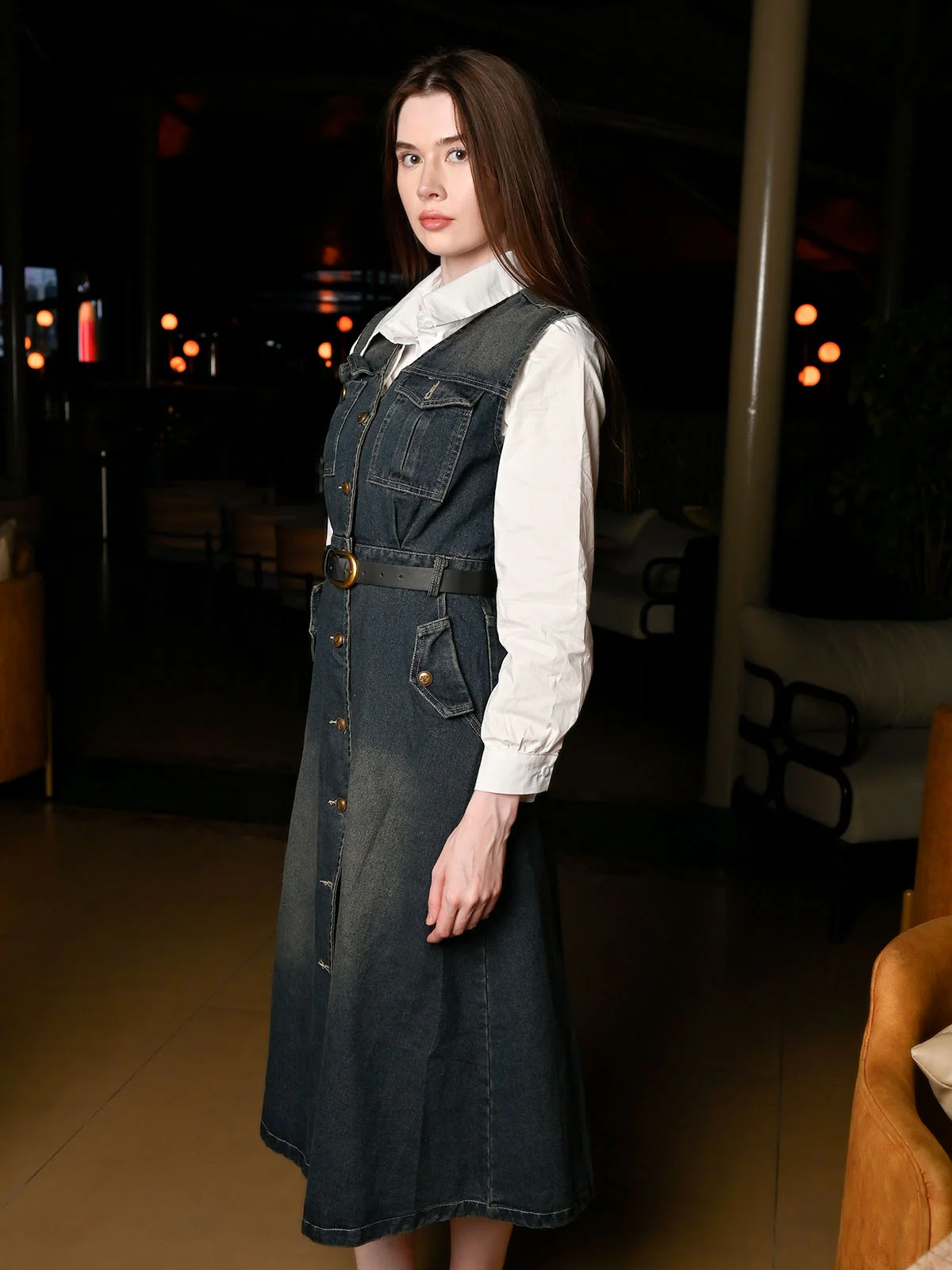 Odette Blue Denim Solid Dress For Women - Image 2