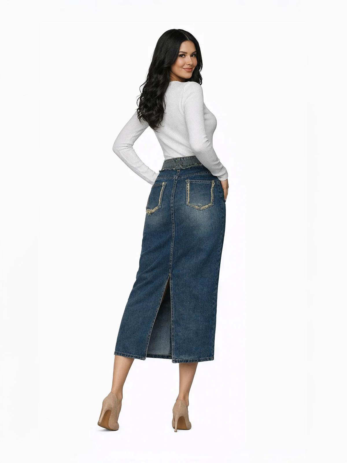 Odette Blue Denim Solid Skirt For Women - Image 3