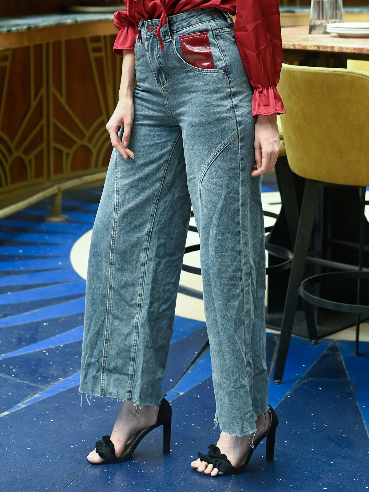Odette Blue Denim Solid Trouser For Women - Image 3