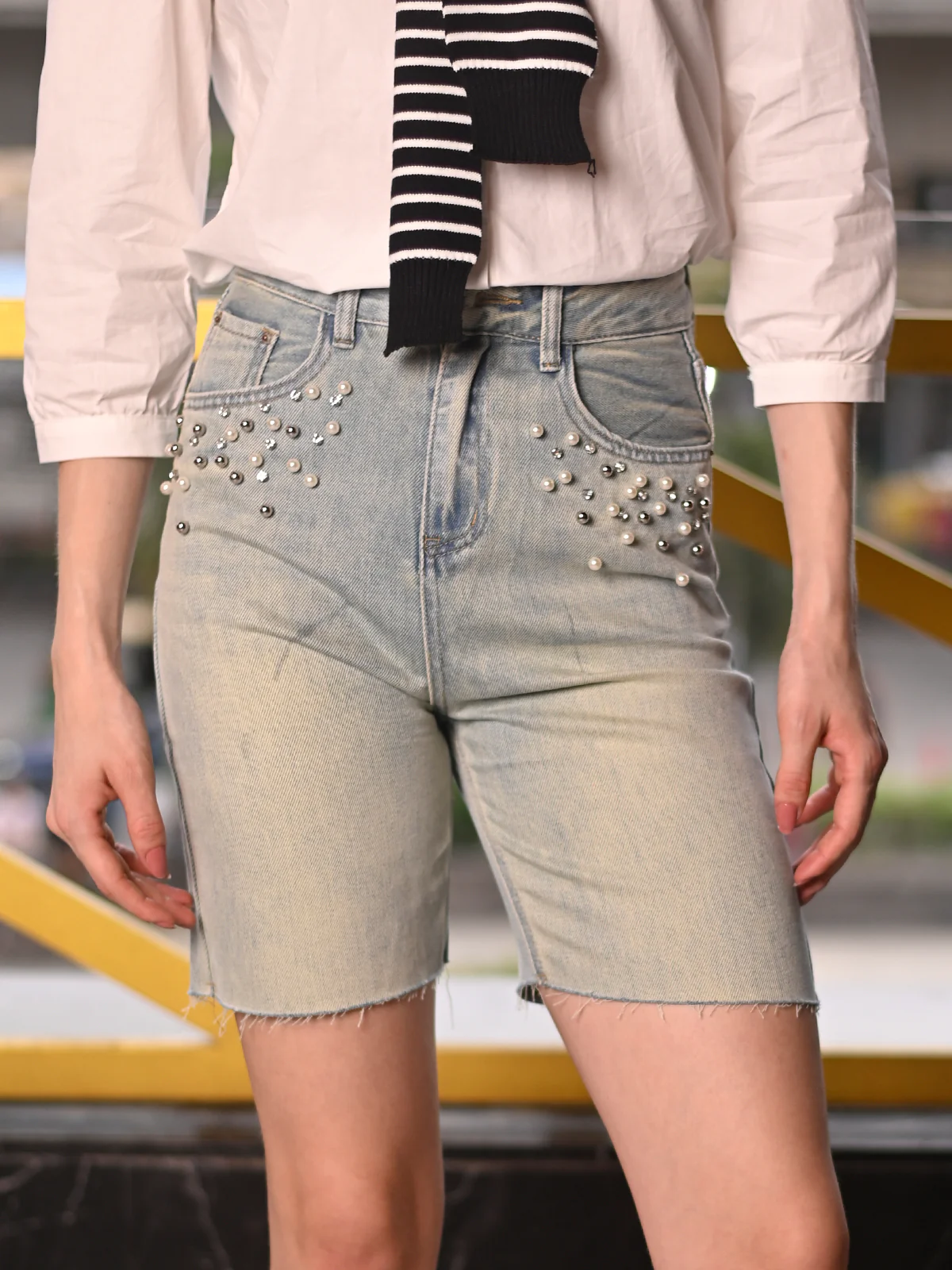 Odette Blue Denim Washed Embellished Shorts for Women - Image 2
