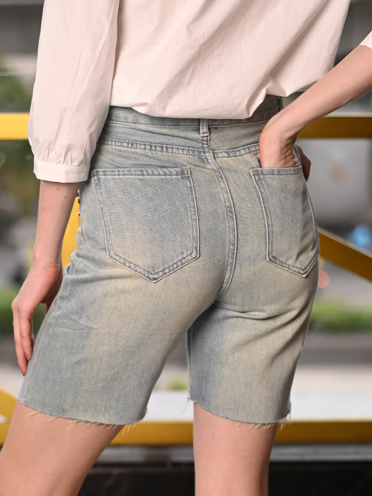Odette Blue Denim Washed Embellished Shorts for Women - Image 4