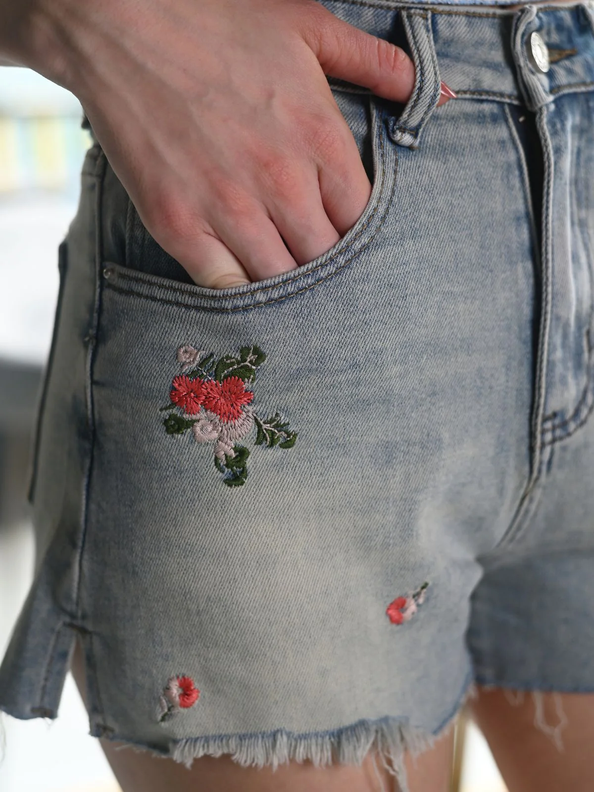 Odette Blue Washed Denim Embroidered Shorts For Women - Image 5