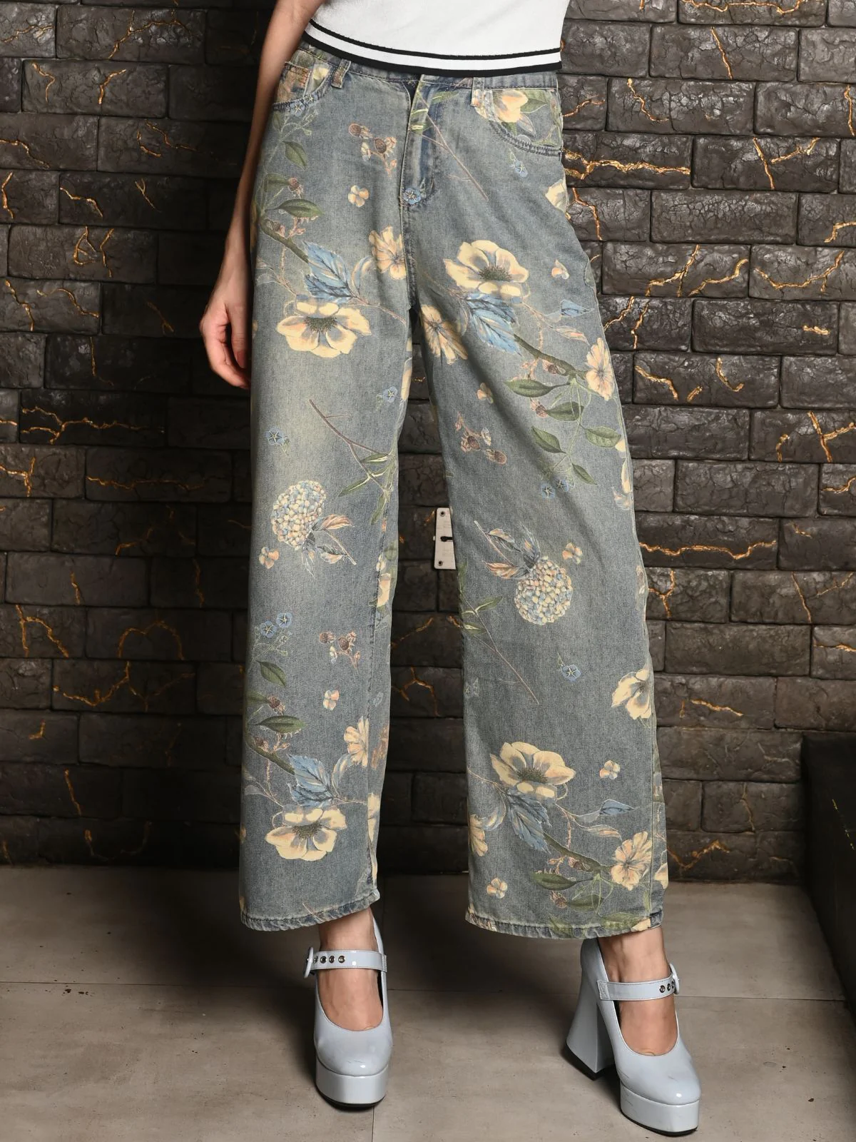 Odette Blue Washed Denim Printed Pant for Women - Image 2
